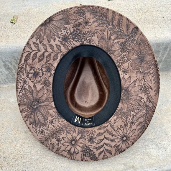 Accessories - Brown floral burned rancher style cowboy hat wide brim
